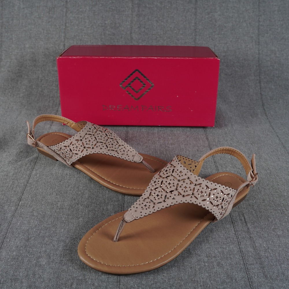 Dream Pairs‎ Womens Taupe Rhinestone Flat Thong Slingback Medinie Sandals 7.5